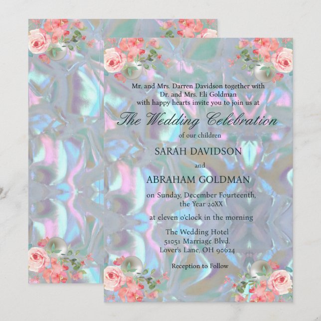 Faire-part de mariage élégant iridescent nacre (Devant / Derrière)