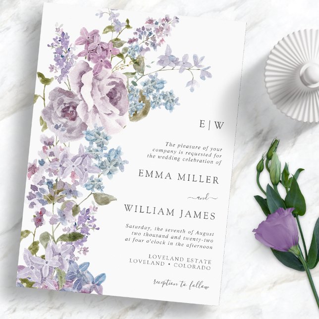 Faire-part de mariage élégant lilas (Elegant Watercolor Lilac Wedding Invitation Monogram by Painted Paperie)