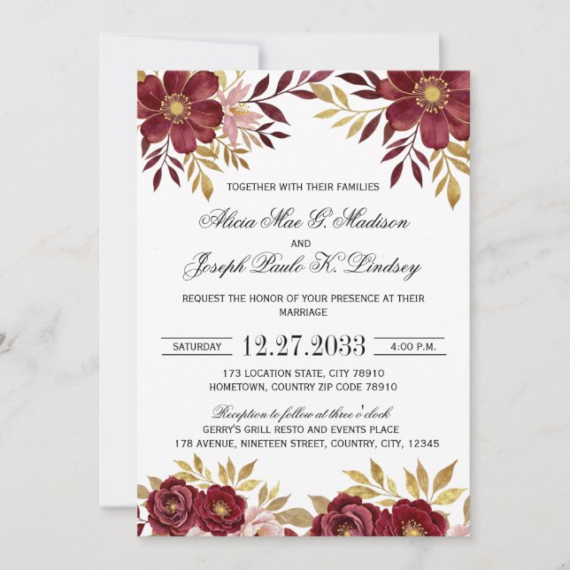 Faire-part de mariage élégant moderne couleur or e (Devant)