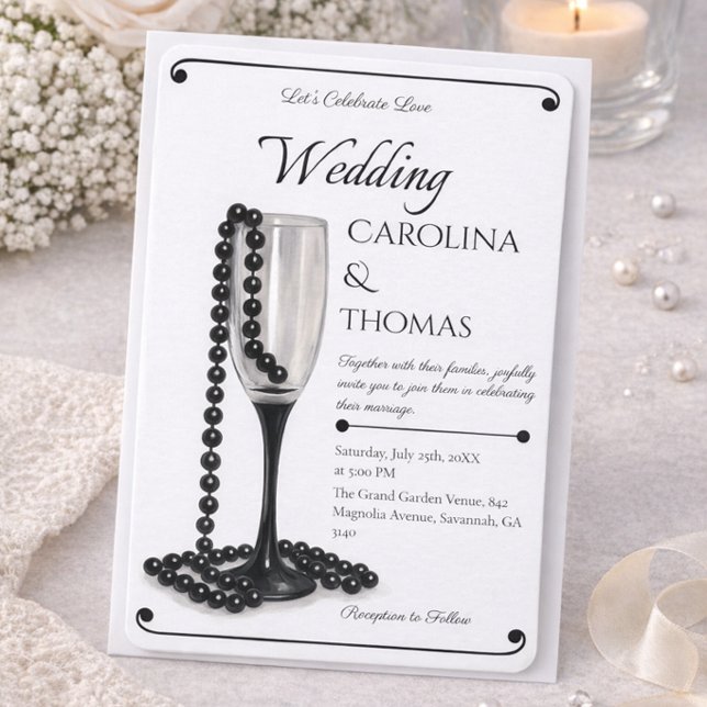 Faire-part de mariage élégant moderne perle noire (Créateur téléchargé)