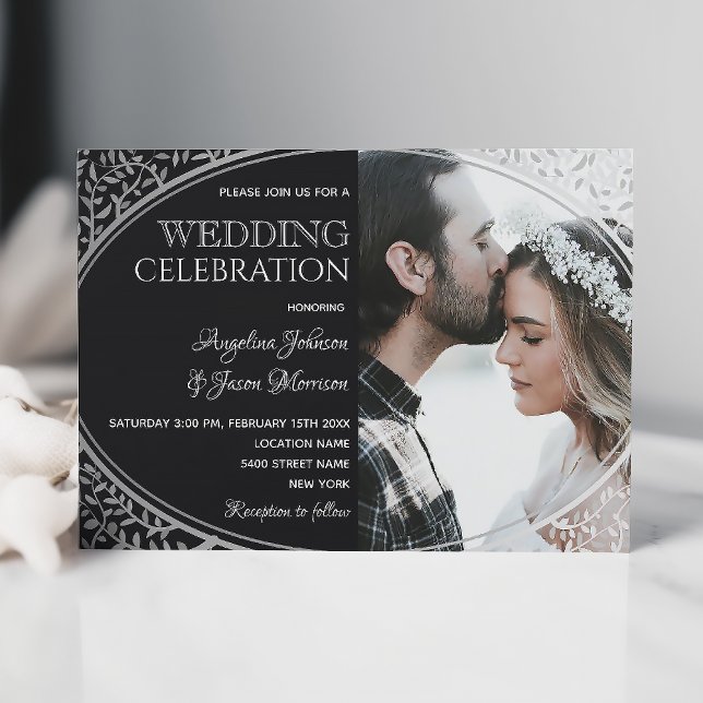 Faire-part de mariage élégant noir et argent avec  (Créateur téléchargé)