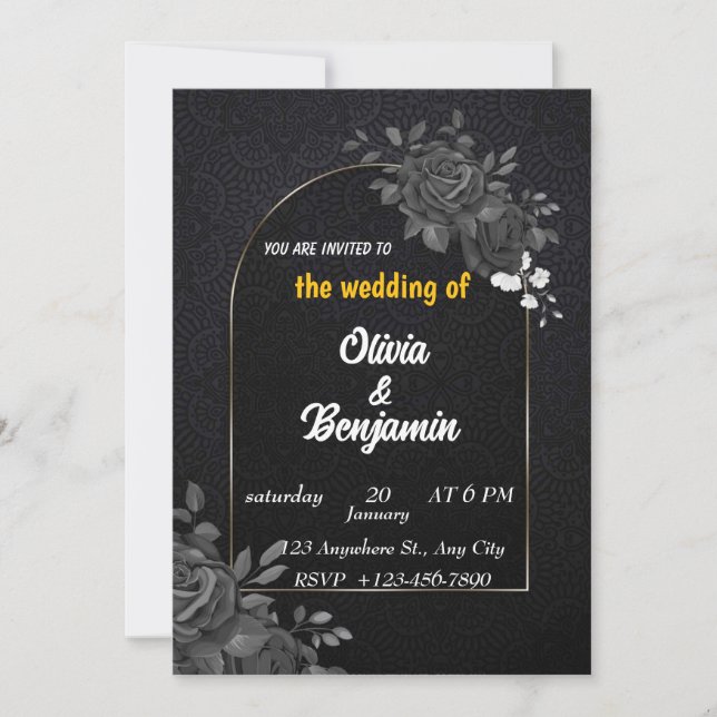 Faire-part de mariage élégant noir et or (Devant)