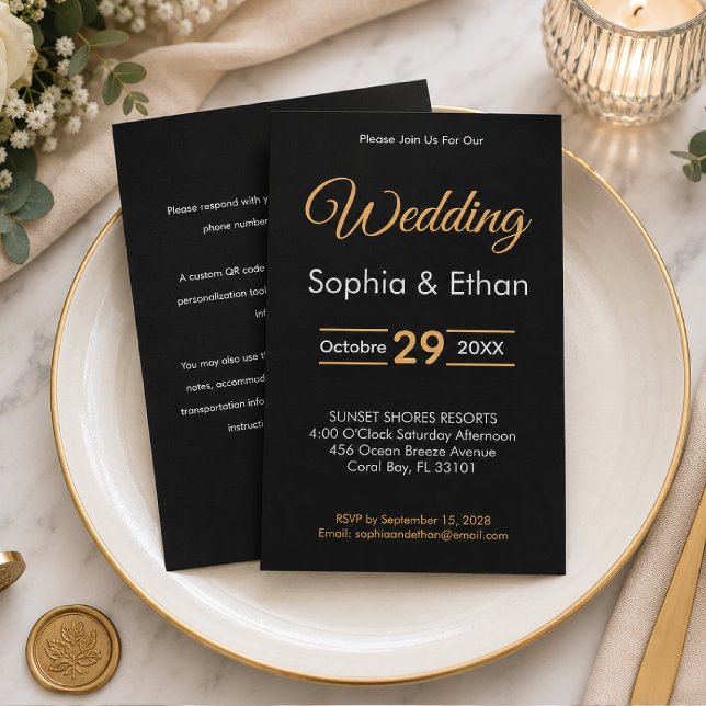 Faire-part de mariage élégant noir et or (Créateur téléchargé)