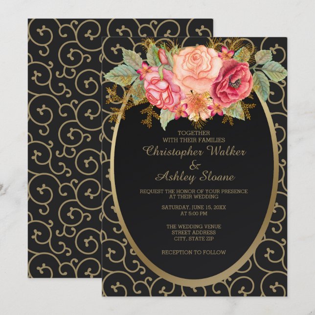 Faire-part de mariage élégant noir et or avec des  (Devant / Derrière)