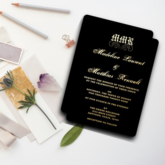 Faire-part de mariage élégant noir et or Monogramm (Créateur téléchargé)