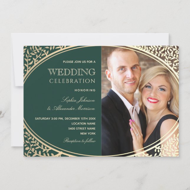 Faire-part de mariage élégant or et vert émeraude (Devant)