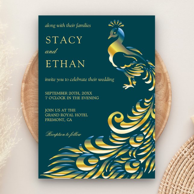 Faire-part de mariage élégant paon sarcelle et or (Créateur téléchargé)