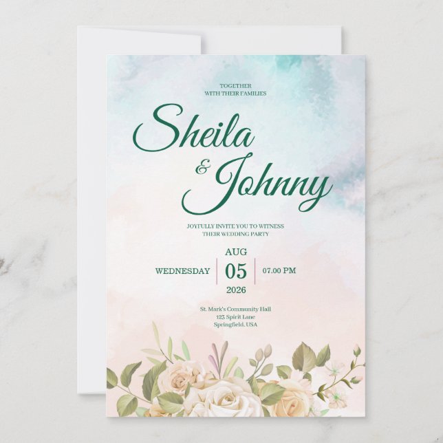Faire-part de mariage élégant pastel bleu et saumo (Dos)