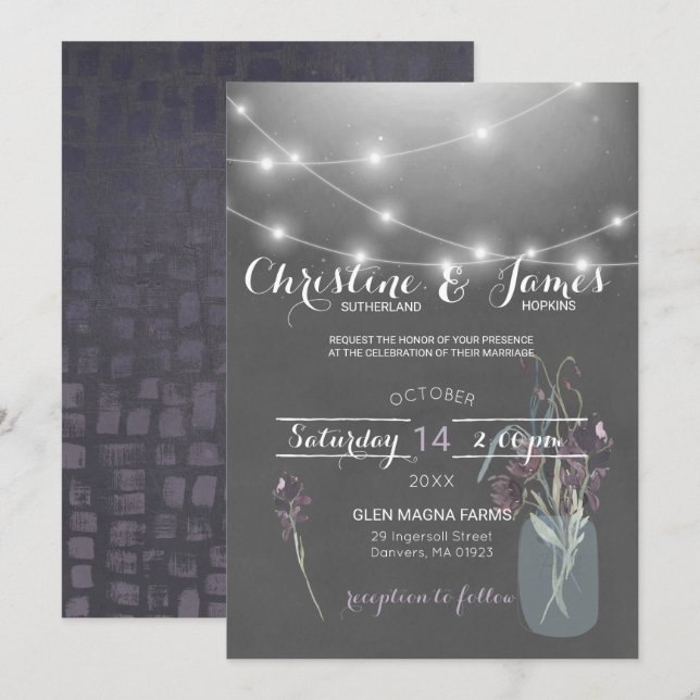 Faire-part de mariage élégant prune, lilas et gris (Devant / Derrière)