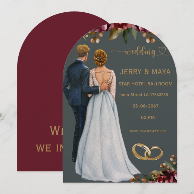 Faire-part de mariage élégant romantique à petit b (Devant / Derrière)