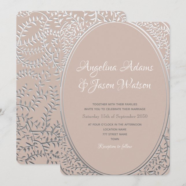 Faire-part de mariage élégant rose et argent (Devant / Derrière)