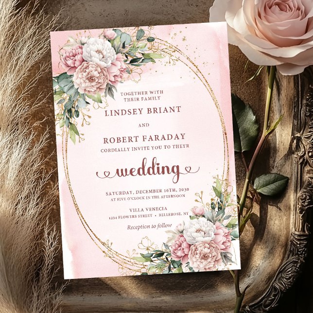 Faire-part de mariage élégant Rose Gold Botanical  (Botanical Blush Rose Gold Elegant Wedding Invitation)