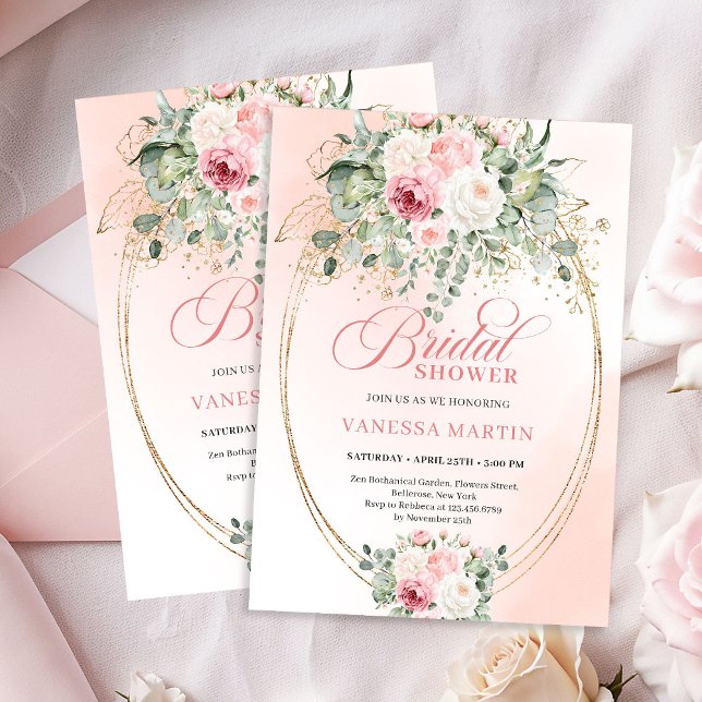 Faire-part de Mariage Élégant Rose Pâle Eucalyptus (Elegant Blush Eucalyptus Bridal Shower Gold Invitation)