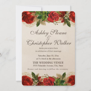 Faire-part de mariage élégant Roses rouges vintage