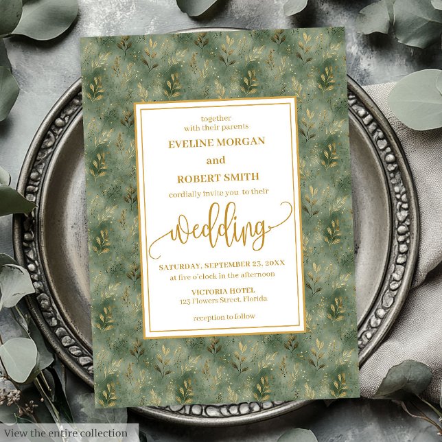 Faire-part de mariage élégant Sage Green Gold Foli (Stylish Sage Green Gold Foliage Wedding Invitation)