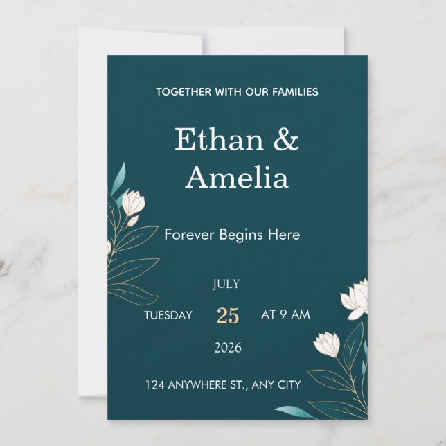 Faire-part de mariage élégant sarcelle (Devant)
