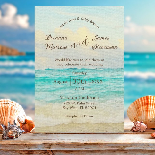 Faire-part de mariage élégant sur la plage (Coastal Beach wedding invitation featuring waves crashing onto the shore and elegant typography )