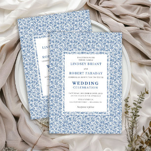 Faire-part de mariage élégant Toile de Jouy Bleu V