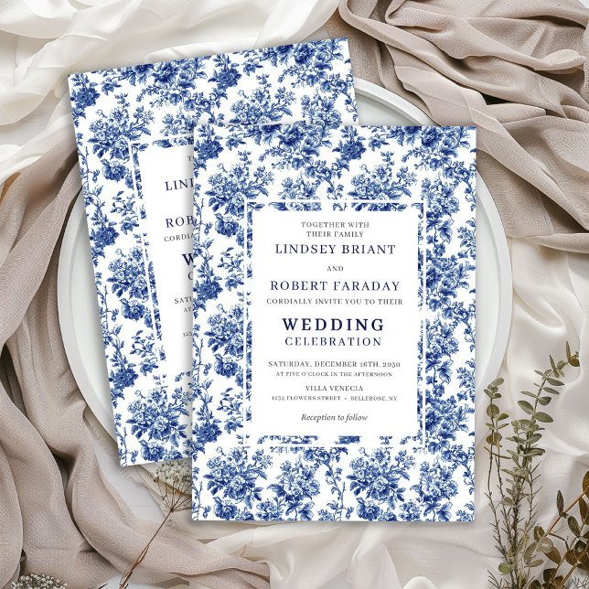 Faire-part de mariage élégant toile de Jouy bleue  (Chic Blue Toile de Jouy Elegant Wedding Invitation)