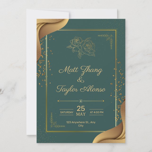 Faire-Part De Mariage Élégant Vert Et Or (Devant)