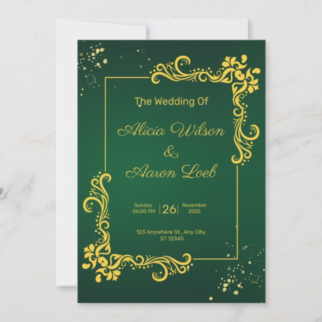 Faire-part de mariage élégant vert et or (Devant)
