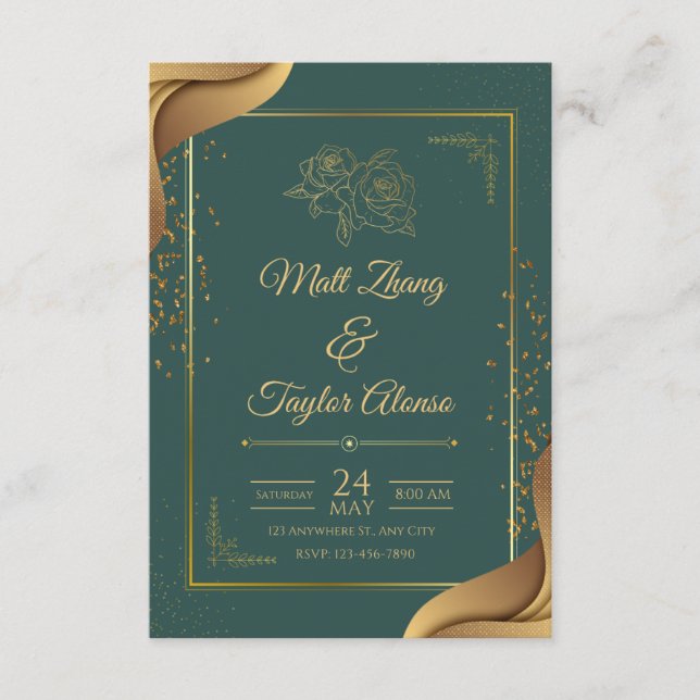 Faire-part de mariage élégant vert et or (Devant)