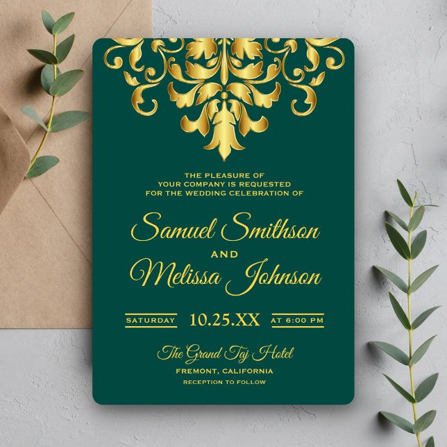 Faire-part de mariage élégant vert et or damassé (Créateur téléchargé)
