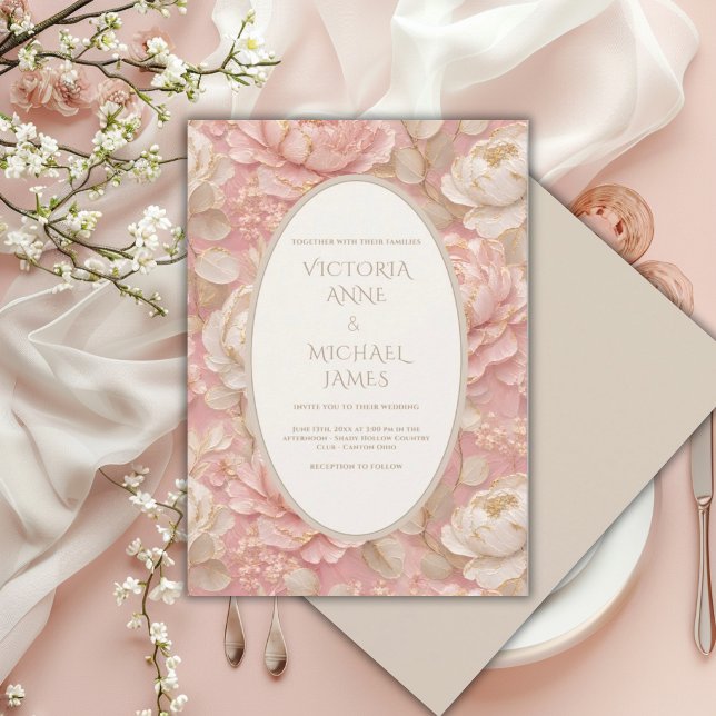 Faire-part de mariage élégant vintage Pink Peony (Créateur téléchargé)