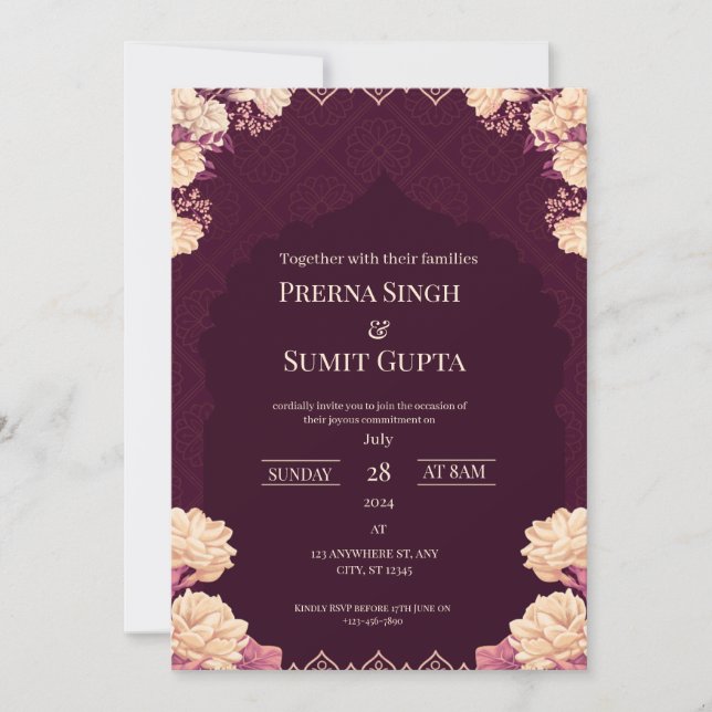 Faire-part de mariage élégant violet foncé (Devant)