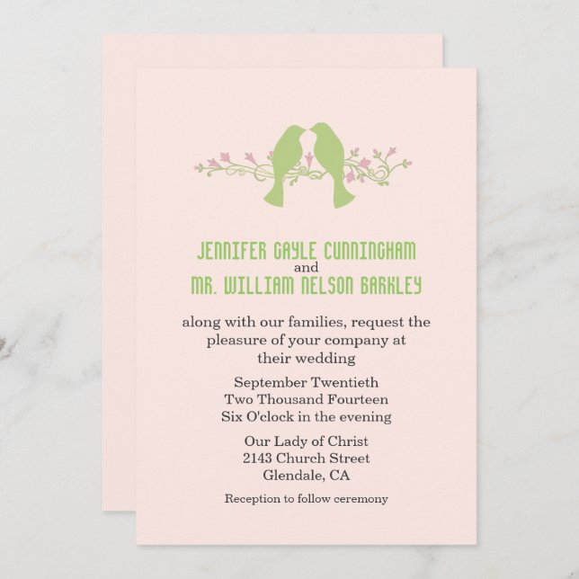 Faire-part de mariage élégants Inséparables verts (Devant / Derrière)