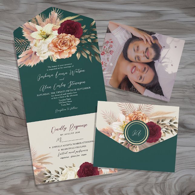 Faire-Part de Mariage Émeraude Bourgogne Rustique (Créateur téléchargé)