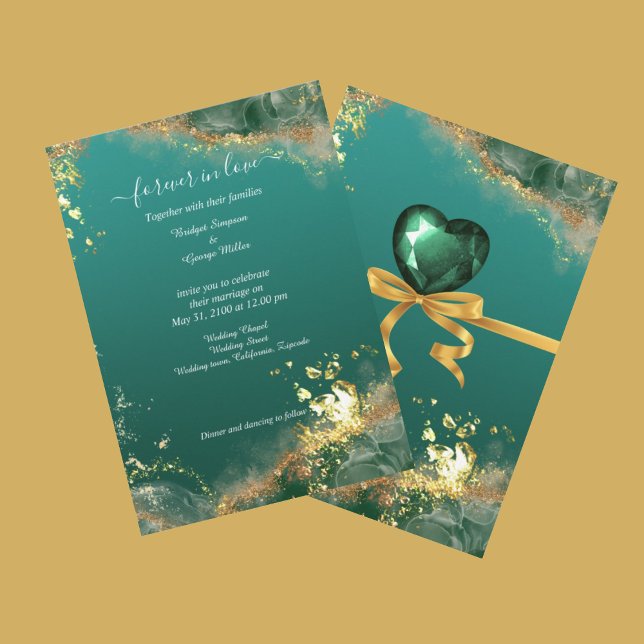 Faire-part de mariage émeraude vert or bijou (Emerald green gold indian jewel tones wedding Invitation
(front & back))