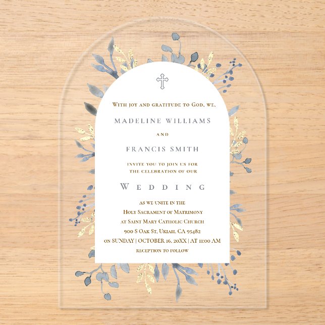 faire-part de mariage en acrylique à feuillage ble (Recto)
