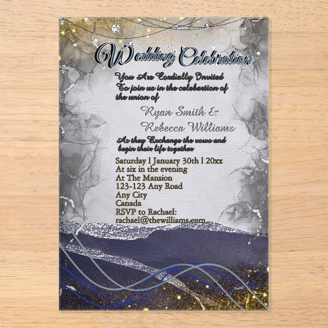 Faire-part de mariage en acrylique argent or marin (Recto)