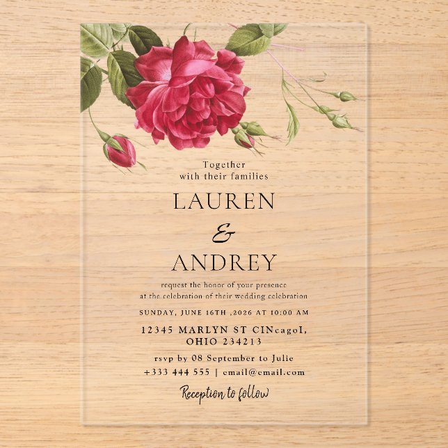 Faire-part de mariage en acrylique Rose Vintage (Recto)