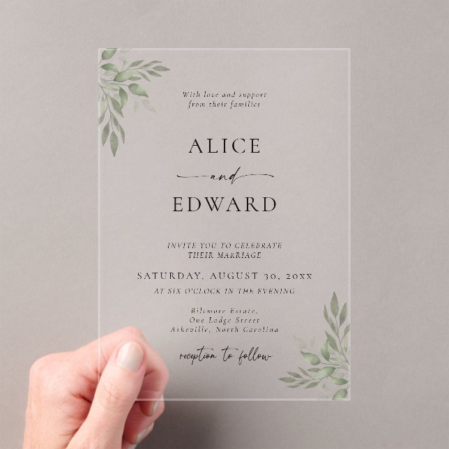 Faire-part de mariage en acrylique vert sauge mode (In situ (ordinateur de poche))