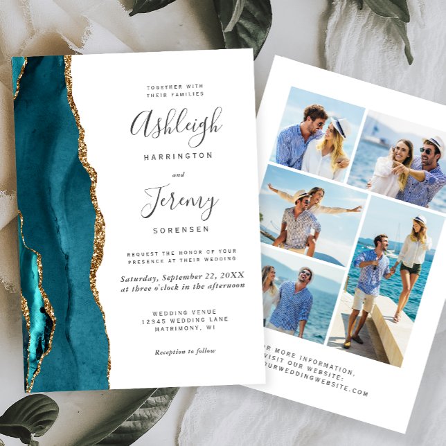 Faire-part de mariage en agate bleu sarcelle et or (Créateur téléchargé)