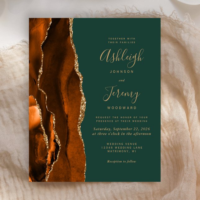 Faire-part de mariage en agate vert foncé Rust Bud (Créateur téléchargé)