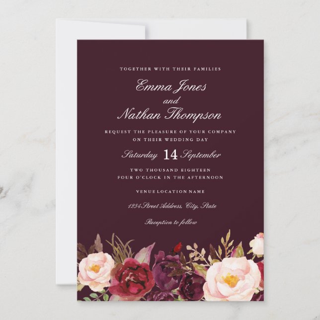 Faire-part de mariage en aquarelle florale bordeau (Devant)