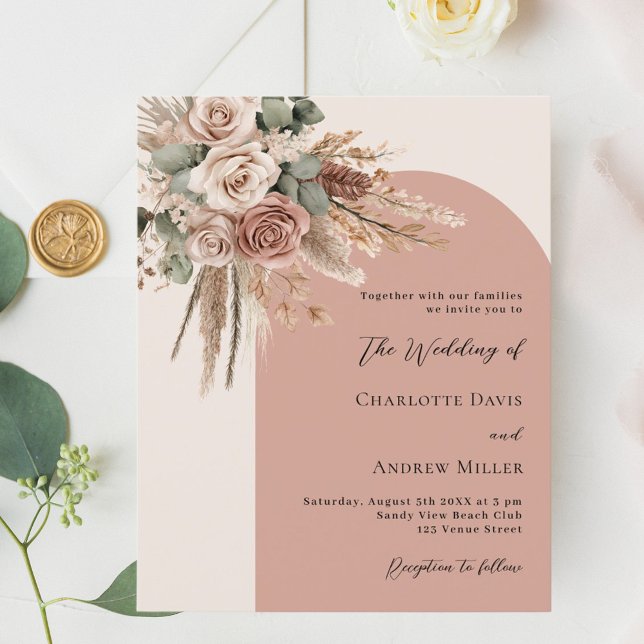 Faire-part de mariage en arc de pampas rose beige  (Créateur téléchargé)