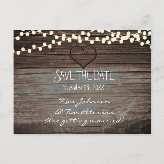 Faire-part de mariage en bois à coeur rustique, en (Devant)