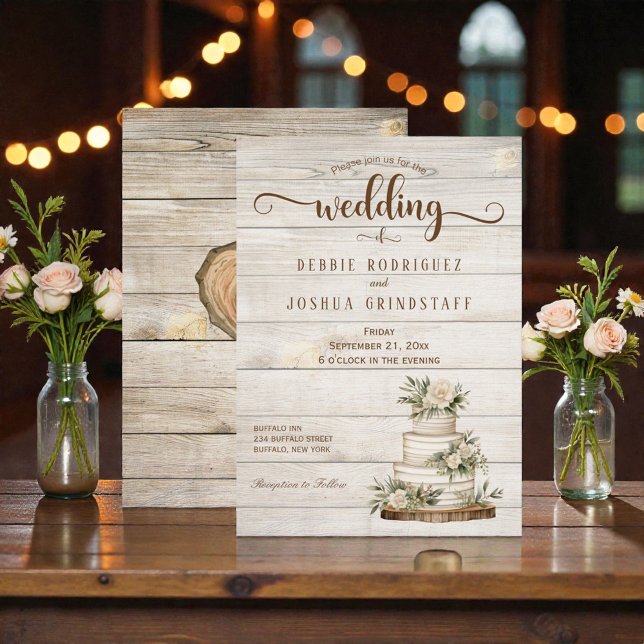 Faire-part de mariage en bois avec gâteau rustique (Créateur téléchargé)
