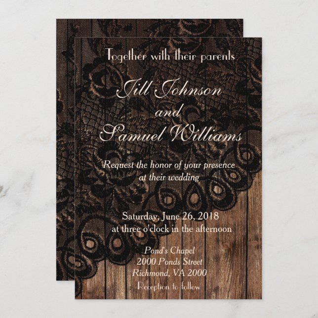 Faire-part de mariage en bois Brown et en dentelle (Devant / Derrière)