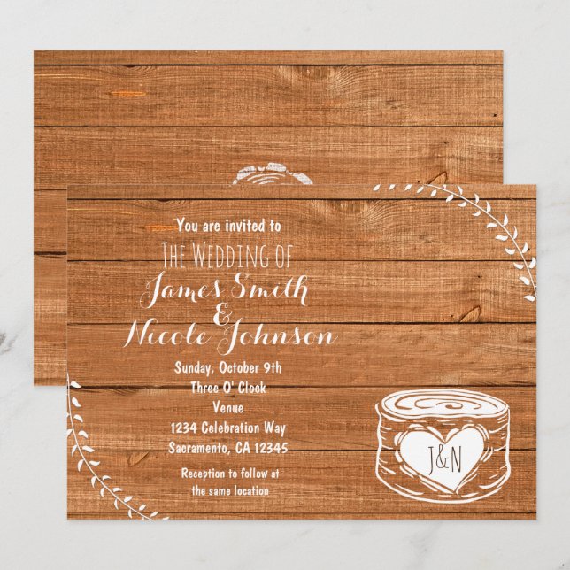 Faire-part de mariage en bois de chêne rustique et (Devant / Derrière)