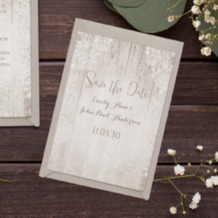 Faire-part de mariage en bois de grange à dentelle