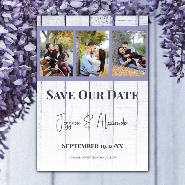 Faire-part de mariage en bois de lavande avec coll (Lavender Wooden Photo Collage Save the Date)