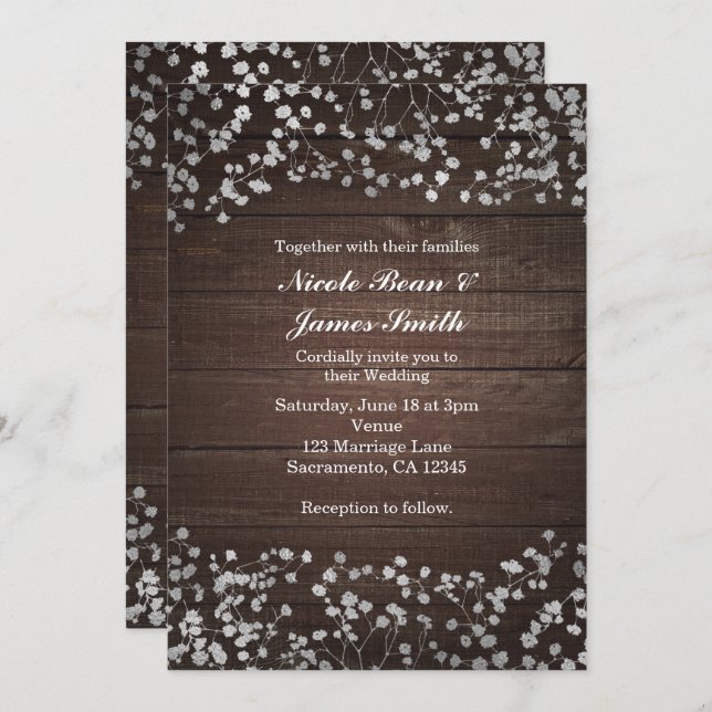 Faire-part de mariage en bois et Baby's Breath arg (Devant / Derrière)