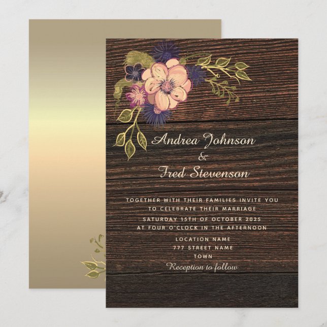Faire-part de mariage en bois floral rustique (Devant / Derrière)