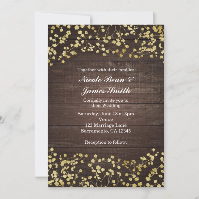 Faire-part de mariage en bois foncé et baby's brea (Devant)
