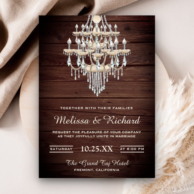 Faire-part de mariage en bois rustique avec lustre (Créateur téléchargé)